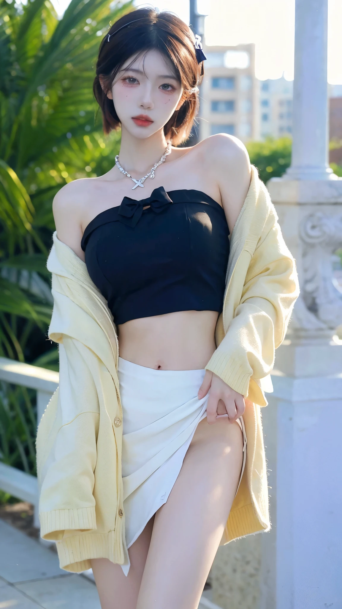 Beautiful woman with perfect figure:1.4,Swimming background,Desert Background,Ultra-high resolution,Seductive laughter,wear glasses,White legs,(lifelike:1.4),Layered Hairstyle,White skin,Black mini pleated skirt,whole body,Very delicate face and skin texture,Double eyelids,Skin Whitening,Long hair,White hair,White,