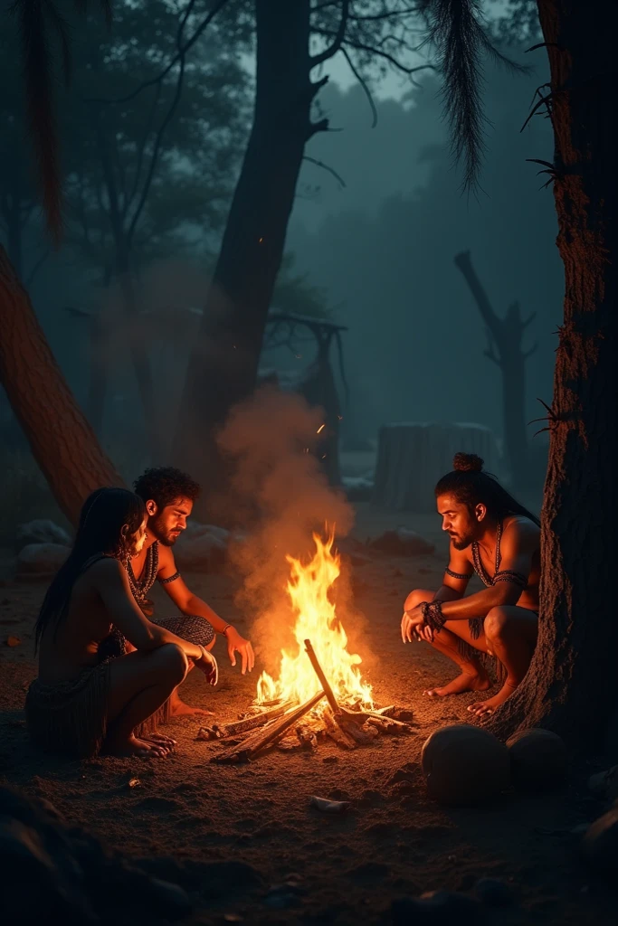 Two Cambodian hunters sit and smoke cigarettes in front of the fire at night in the forest