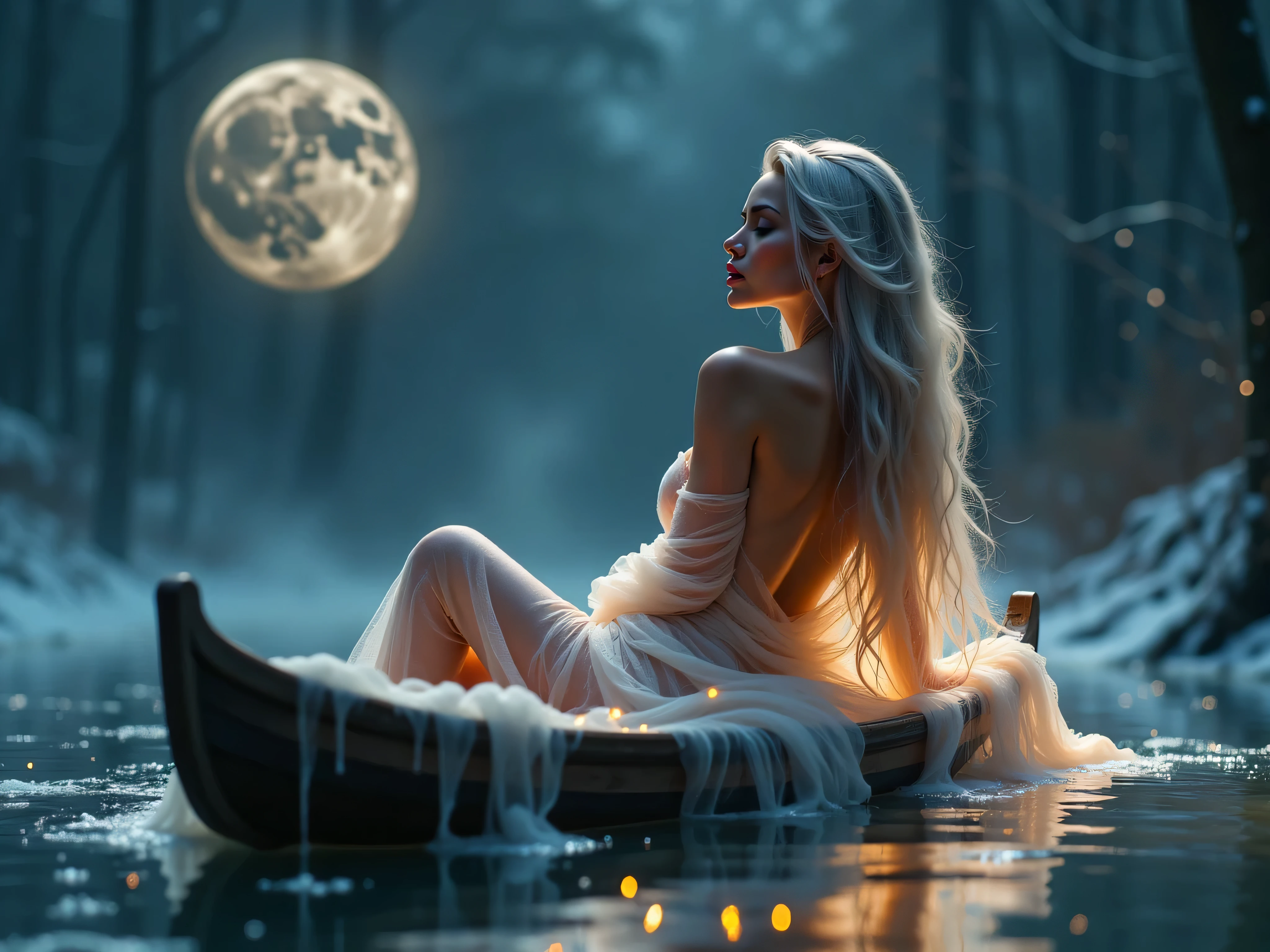 photorealistic of a stunningly beautiful goddess floating on a wooden boat wrapped in tulle blanket bare skin, lying back stance, surrounded by a whirl-water and glittering fog, amidst a surreal,as a burst of light illuminates her perfect, radiant features, with a mesmerizing, cinematic glow, and dynamic, intricate details, in a highly realistic, low angle shot, dark full moon(bigger size) reflected on the water as background scene