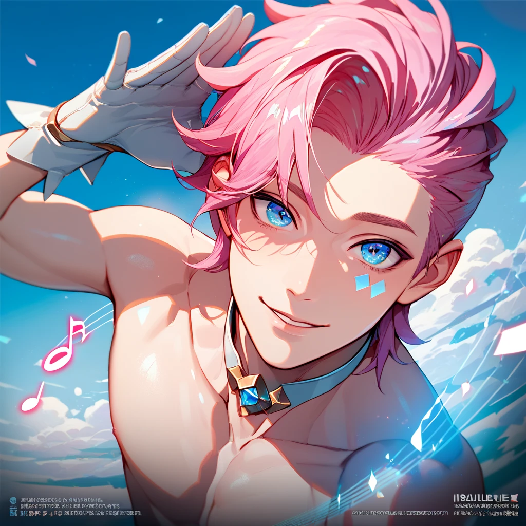 ultra detailed, master piece, best quality, cinematic angle, focus male, detailed eyes, detailed hands, white skin male, young male, whole body, muscle, pink hair, expressive light blue eyes, shirtless, pale blue musical note, white choker, white gloves, smile, white thong, posing, bulge, looking at viewer, five-fingered hand