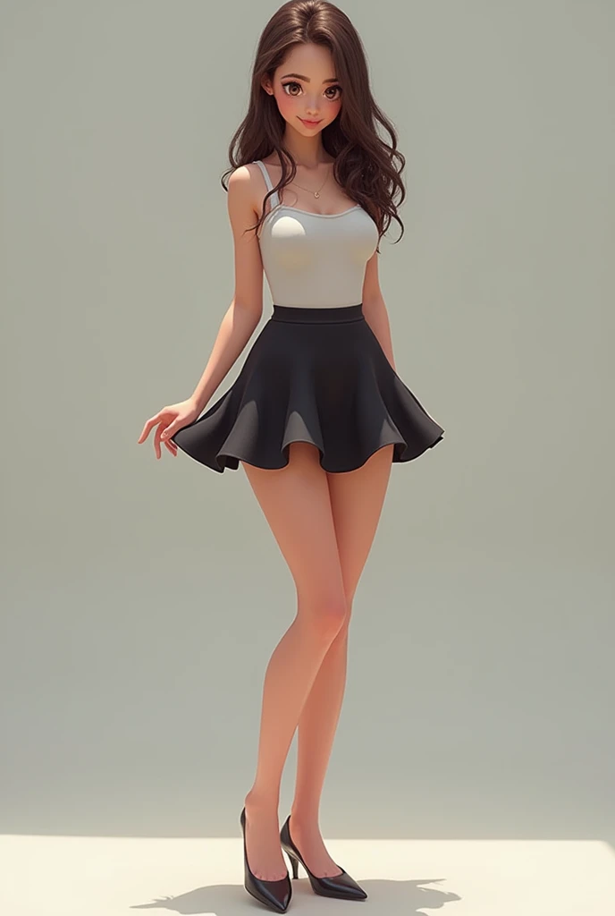 A woman in her 20s with large breasts wearing a light blue short skirt, wearing knee socks and white shoes, of Chinese and Indonesian descent, with white skin, glasses and short shoulder-length hair