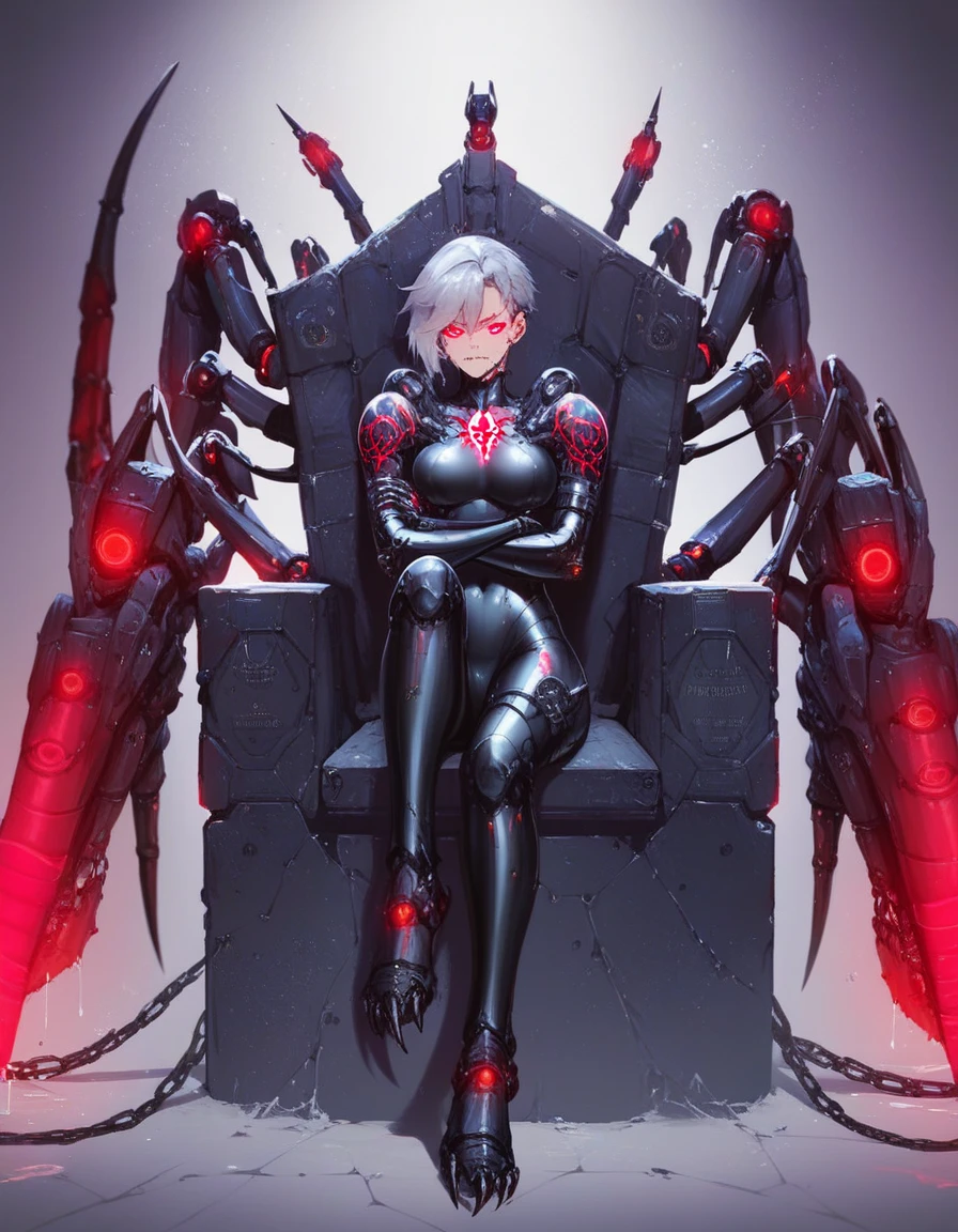 Mechanical Weapon Girl. （Upper body close-up image）(Sit on the throne)（Mechanical Fang）Full body bodysuit. Latex. Cyber wind. Light armor. spider tattoo near his eye and black mucus dripping down his cheek. look of contempt. Grey hair. Glowing red eyes. Glowing core. mechanical Kaijyu in the background. large sharp claws. Red and black machine. Battleship. Cross legs. Arms crossed. swarm of mechanical insects.