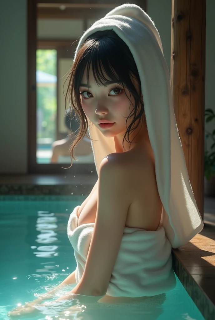 striped hair, bangs, Ahoge, Asymmetrical hair, ponytail, light smile, Modern, depth oBreasts F Breasts Field, cinematic lighting, backlighting, It&#39;s blurry, Breasts F/2.8, ticker, muste piece, anatomically correct, super detail, textured skin, 8K,open air,Japanese hot springs,33yo,NSBreasts FW,Lots of pubic hair