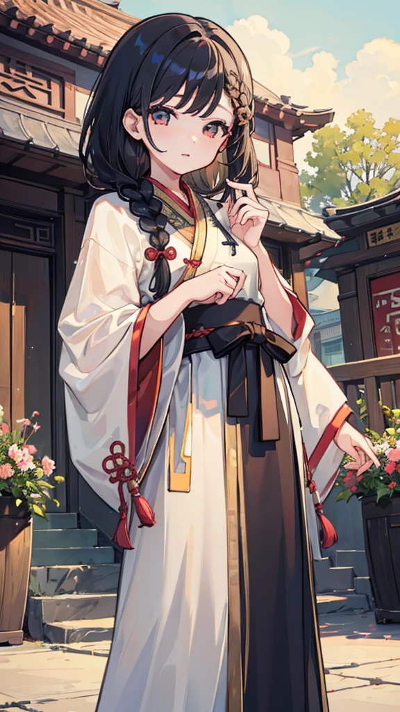 ((1 Girl)),((architecture)), Braided Bangs,Braid,( unique :1.2), Black Hair, s, and watch the audience,  sunshine,Hanfu, Chengqiang, 