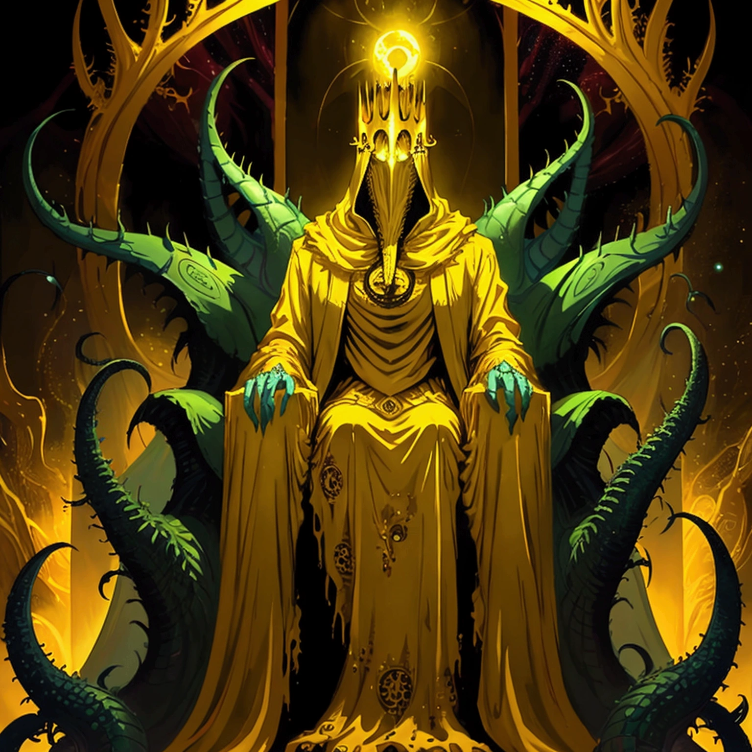 A painting of hastur the king in yellow, yellow-robed, beautiful male ,king in yellow, hastur the king in yellow, , portrait of hastur the king in yellow, the king in yellow,honoring hastur the king in yellow artwork, portrait of the god hastur,hastur,galactic deity, concept art of hastur the king in yellow, peter mohrbacher style,