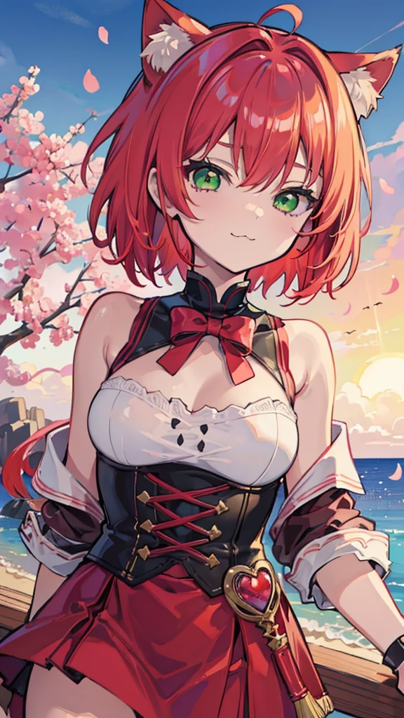 masterpiece, best quality, highres, miko3, 1girl, sakura miko, solo, green eyes, ahoge, cleavage, pink hair, neck bell, cat hair ornament, short shorts, bangs, hair between eyes, two side up, red shorts, red shirt, medium hair, black choker, pom pom hair ornament, short sleeves, cross-laced clothes, bare shoulders, thigh strap, wrist cuffs, hairclip, field, grass, standing, cowboy shot, (arms behind back:1.2), smile, blush, hands behind head, show armpit,