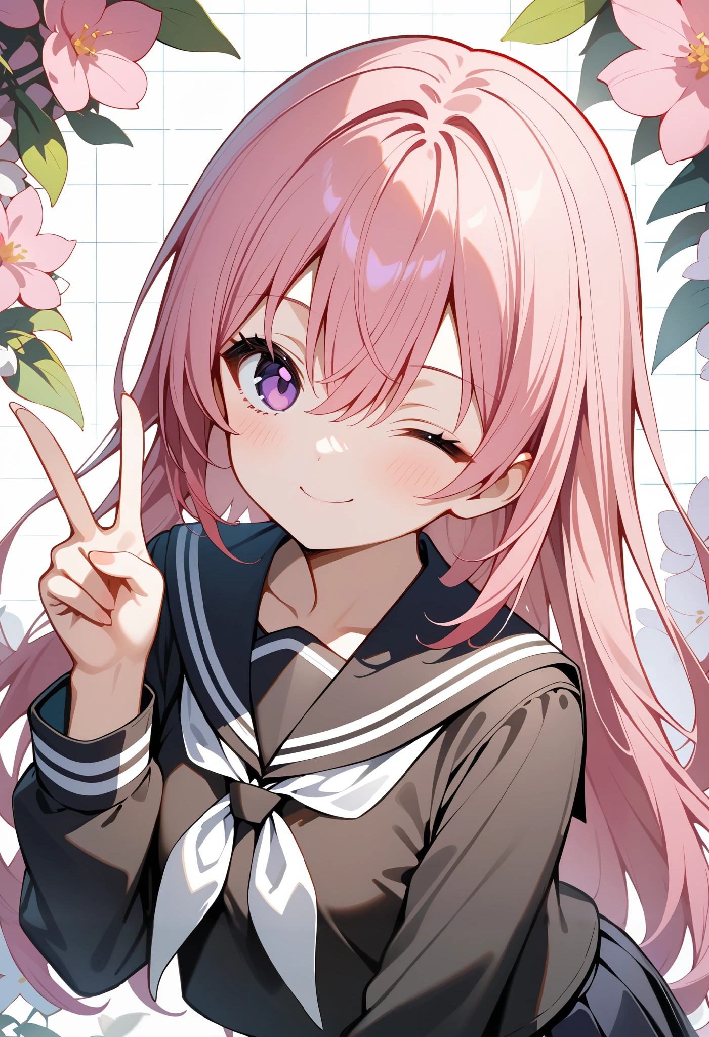 best quality, amazing quality, great quality, absurdres, 1girl, solo, pink hair, purple eyes, hair between eyes, long hair, black sailor collar, black skirt, school uniform, serafuku, white neckerchief, standing, v, upper body, looking at viewer, floral background, one eye closed, smile, closed mouth, grid background,