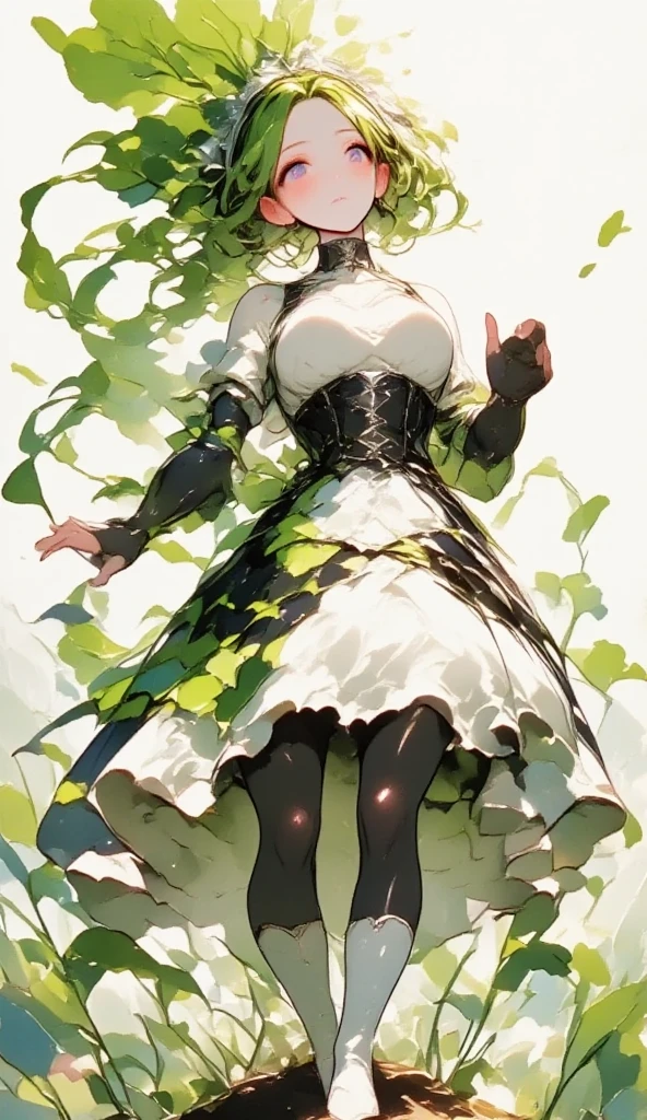  young beautiful woman in costume with white radish motif,( best quality, very detailed depiction , incredibly absurd high definition ),(Black and white gothic maid outfit,Maid Skirt, corset,latex, black tights,White boots),(green hair like radish leaves :2.0,Purple Eyes, half closed his eyes :2.0, grumpy expression:2.0,Black lips:2.0,Heavy makeup, big breasts, shiny skin), full body image :2.0, side view:2.0,profile:2.0,background:Castle, Bright Atmosphere , dramatic lighting ,