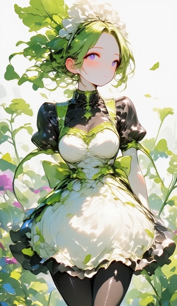  young beautiful woman in costume with white radish motif,( best quality, very detailed depiction , incredibly absurd high definition ),(Black and white gothic maid outfit,Maid Skirt, corset,latex, black tights,White boots),(green hair like radish leaves :2.0,Purple Eyes, half closed his eyes :2.0, grumpy expression:2.0,Black lips:2.0,Heavy makeup, big breasts, shiny skin), full body image :2.0, side view:2.0,profile:2.0,background:Castle, Bright Atmosphere , dramatic lighting ,