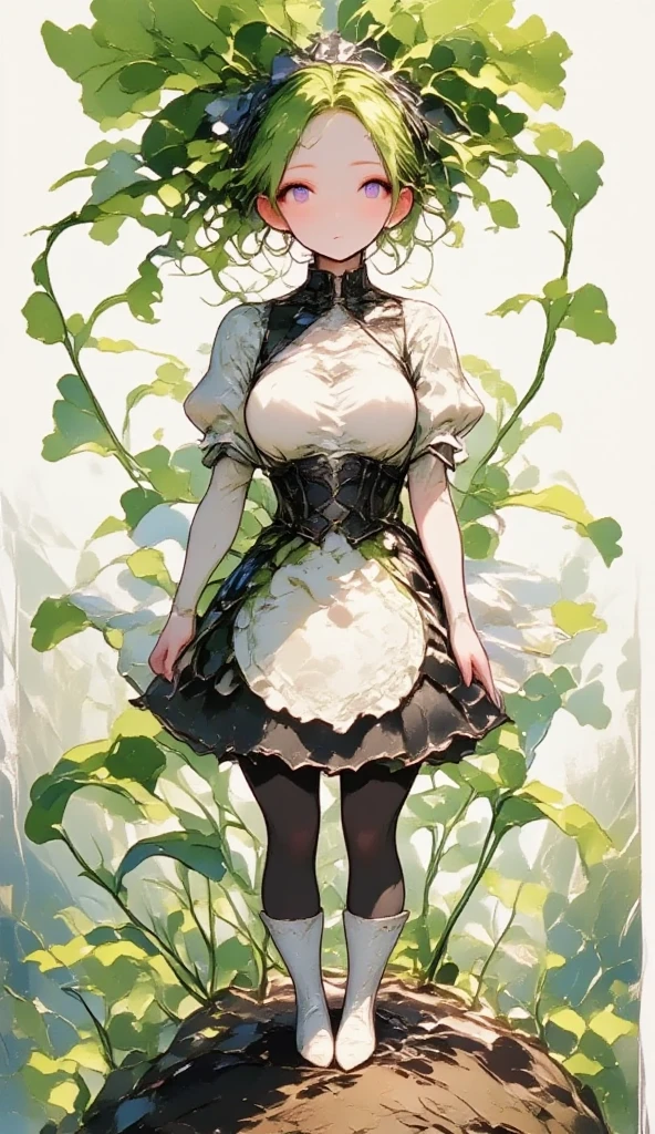  young beautiful woman in costume with white radish motif,( best quality, very detailed depiction , incredibly absurd high definition ),(Black and white gothic maid outfit,Maid Skirt, corset,latex, black tights,White boots),(green hair like radish leaves :2.0,Purple Eyes, half closed his eyes :2.0, grumpy expression:2.0,Black lips:2.0,Heavy makeup, big breasts, shiny skin), full body image :2.0, side view:2.0,profile:2.0,background:Castle, Bright Atmosphere , dramatic lighting ,