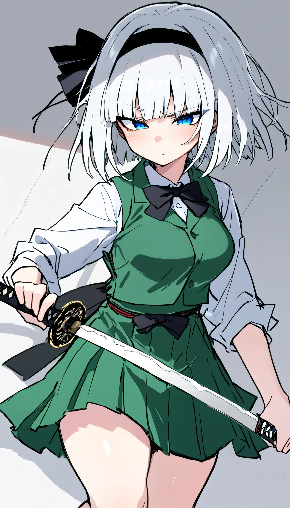 konpaku youmu, 1girl, white hair, short hair, blunt bangs, blue eyes, newest, highres, absurdres, highly detailed, best quality,
iaidou,weapon, katana, holding sword, ready to draw, sheathed, unsheathing, scabbard,
hairband, hair ribbon, black ribbon, black bowtie, white shirt, collared shirt, green vest, green skirt, socks, katana
dim body, pointy breasts, curvy, no curves, narrow hips,
score_9, score_8_up, score_8,source_anime,