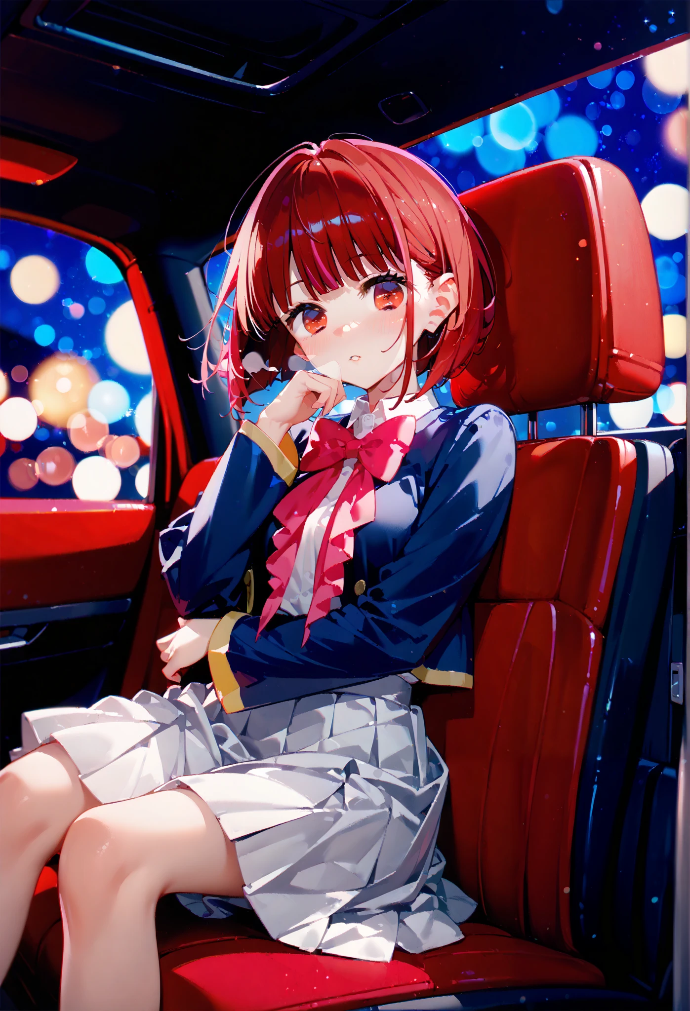 illustration,hyper quality,nime style woman sitting in a car wearing a pink button up shirt, 1girl, car interior, blush, sitting, bow, skirt, jacket, short hair, bowtie, blue jacket, solo, school uniform, red hair, long sleeves, pink bow, breath, bangs, red eyes,arimakana,night,bokeh