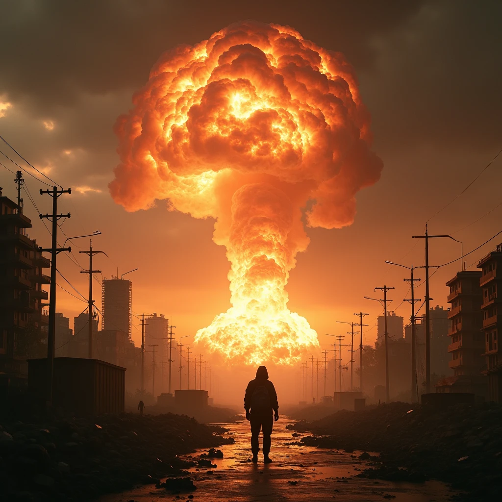 Hombre arafed caminando por un camino hacia una enorme nube en forma de hongo, Facing a Nuclear Explosion, Watch the nuclear explosion, Apocalipsis nuclear, Nuclear bomb explosion, nuclear explosion background, nuclear explosion, Ataque nuclear, Nuclear explosion on the horizon, Bomb explosion, Explosiones nucleares pintan cielo, guerra nuclear, Nuclear bomb explosion, Ver el Big Bang, explosion in background