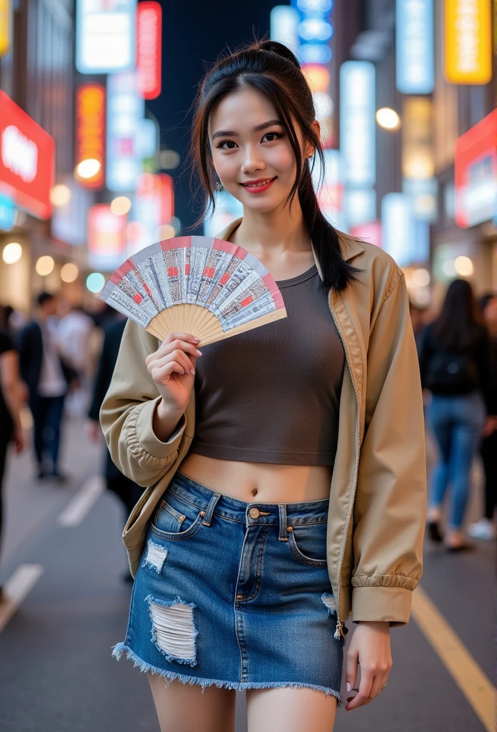 sukajan, professional photography, portrait of a Asian woman wearing sukajan and mini skirt blue jeans torn, jacket, ponytail hair, gently smiling, beautiful makeup, she holding a fan with text "Happy 2.5K members", neon city in background, bokeh, depth of field 