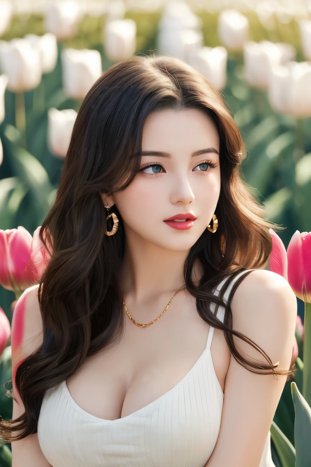 1girll, Blurry, Blurry_Background, brown_Eyes, brown_Hair, Depth_af_Field, Earrings, flower, full_Moon, Hair_flower, Hair_decorations, Lips, Looking_at_peeping at the viewer, Moon, Moonlight, Night, Night_sky, Outdoors, Advancedsense