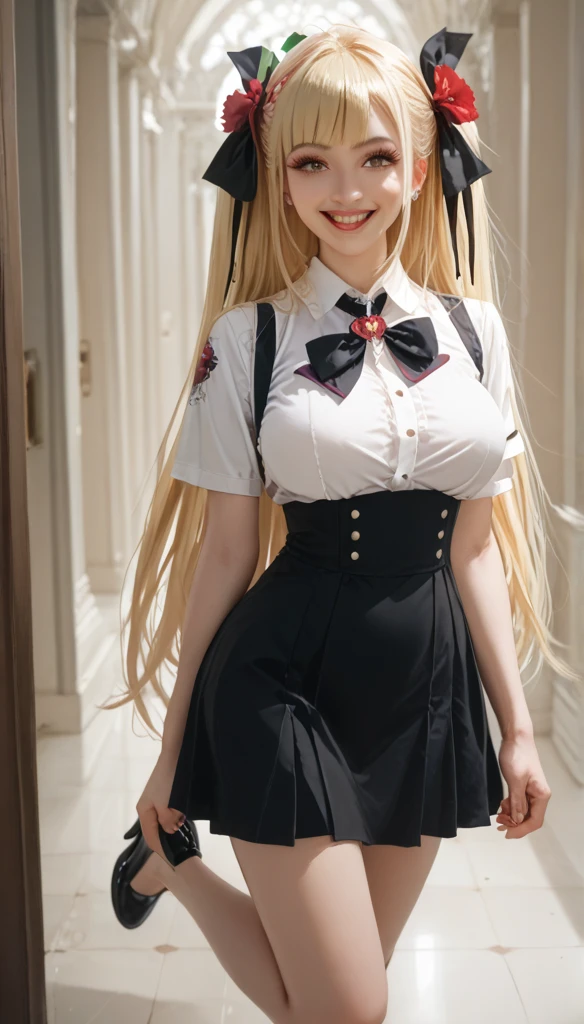 work,  best quality , girl, long hair alternative, absurdly long hair, blonde hair, bow hair,  watery eyes ,  attractive smile , Tongue, black eyes,  long eyelashes ,  big breasts , Moles on the chest ,  White Shirt ,  short black dress , shoe, period, hair ribbon, flower ribbon, hair_ribbon, hair_ribbon, hair_flower