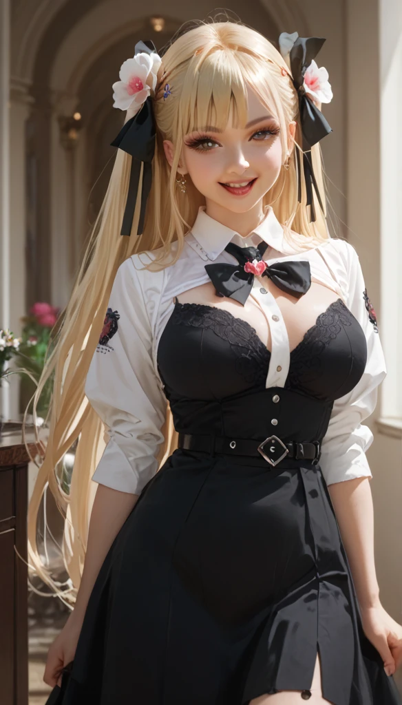 work,  best quality , girl, long hair alternative, absurdly long hair, blonde hair, bow hair,  watery eyes ,  attractive smile , Tongue, black eyes,  long eyelashes ,  big breasts , Moles on the chest ,  White Shirt ,  short black dress , shoe, period, hair ribbon, flower ribbon, hair_ribbon, hair_ribbon, hair_flower