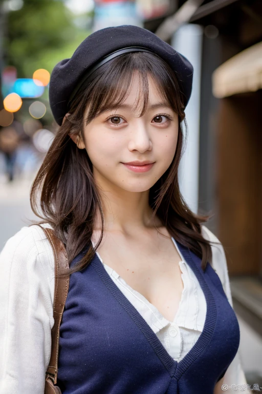 masterpiece,best quality,(Japanese ),((Beautiful girl)),cleavage,(perfect body beauty:1.2),(shy smile),beautiful teeth,(hat),(Shibuya scramble crossing),light colored hat,