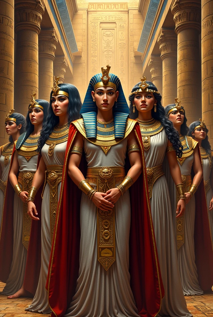 egyptian queen cleopatra, with classic crown, and luxurious Egyptian clothing, with jewelry. white skin color, de corpo inteiro, Egyptian makeup

