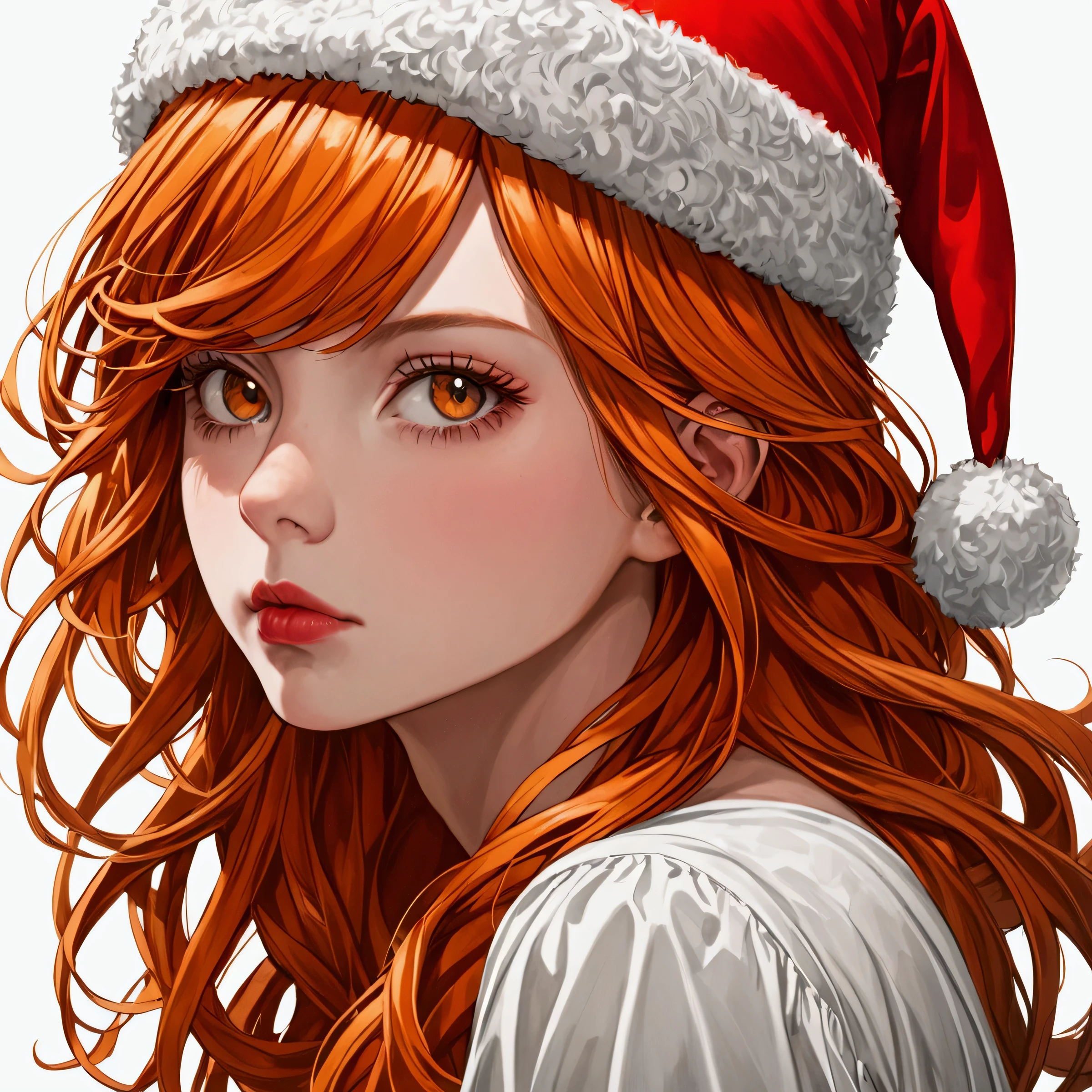 A girl with orange hair,  white background, Christmas hat 