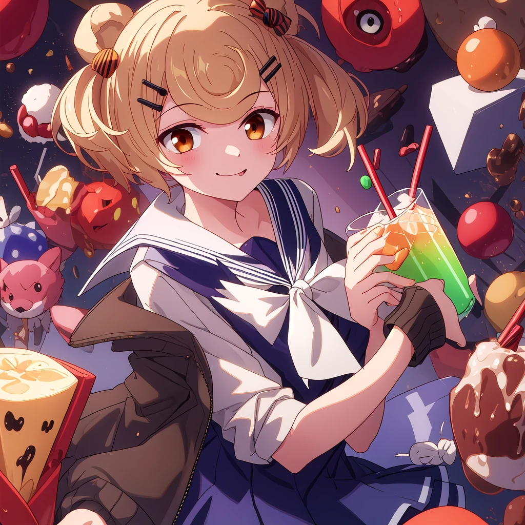   Masterpiece , best quality, absurd, high definition , one girl,Alone, upper body,_,candy_hair_ ornament, blonde alone_hair,hair_ ornament,animal_, food holding a glass with both hands_hair_ ornament,Sailor_ dress,short_hair,Sailor_ color,brown_ jacket,smile,red_ pantyhose,white_Sailor_ color,hairclip,green_ dress,white_ neckerchief , orange__eye, looking for_in_Viewers,,前hair,black__eye,black_ jacket、、The theme is 、Hold the cup with both hands、 simple backgrounds per person、 Drink Drinks 