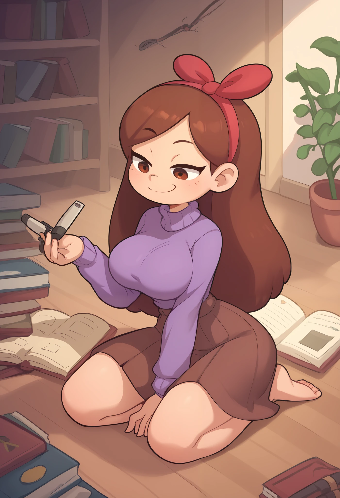 Small girl, young, full body, (solo 0.6), brown hair, long hair, brown eyes, slender body, thin waist, colossal breasts, indoors, purple sweater, brown skirt, holding a book, books on floor, wires on floor, smug face, cute, ( pixar style 0.5) (hairband -0.9) mabel pines