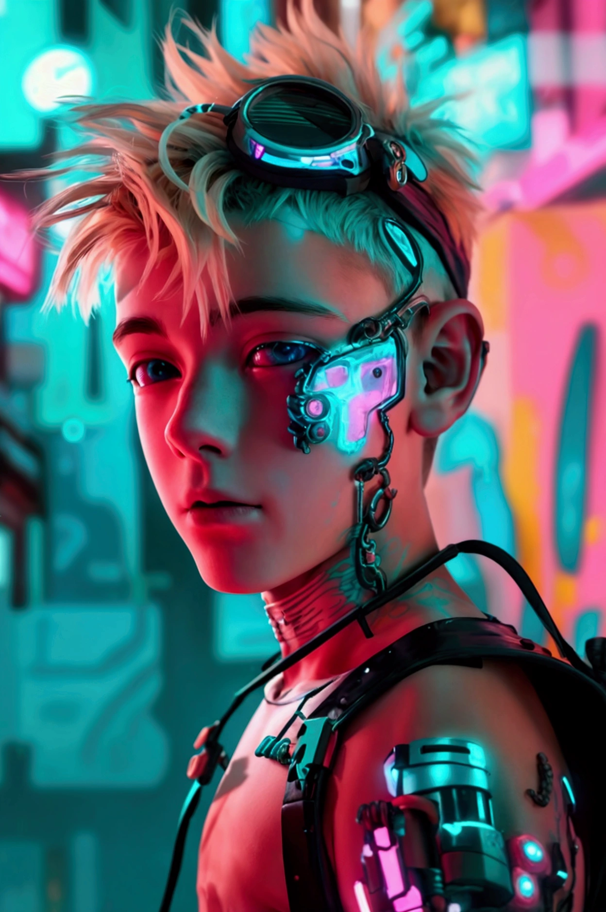 ((An adorable 18yo cute emaciated cyberpunk twink)) surfer male twink with an (((adorable boyish face of Asher Angel))) with bleach-blonde hair. He wears a ((small intricately detailed cyberpunk swim-trunks)). He poses in front of cyberpunk street graffiti. He wears leather harnesses and has futuristic cybernetic prosthetic arm. At the beach. ((Not muscular.)) No modifications to his face.