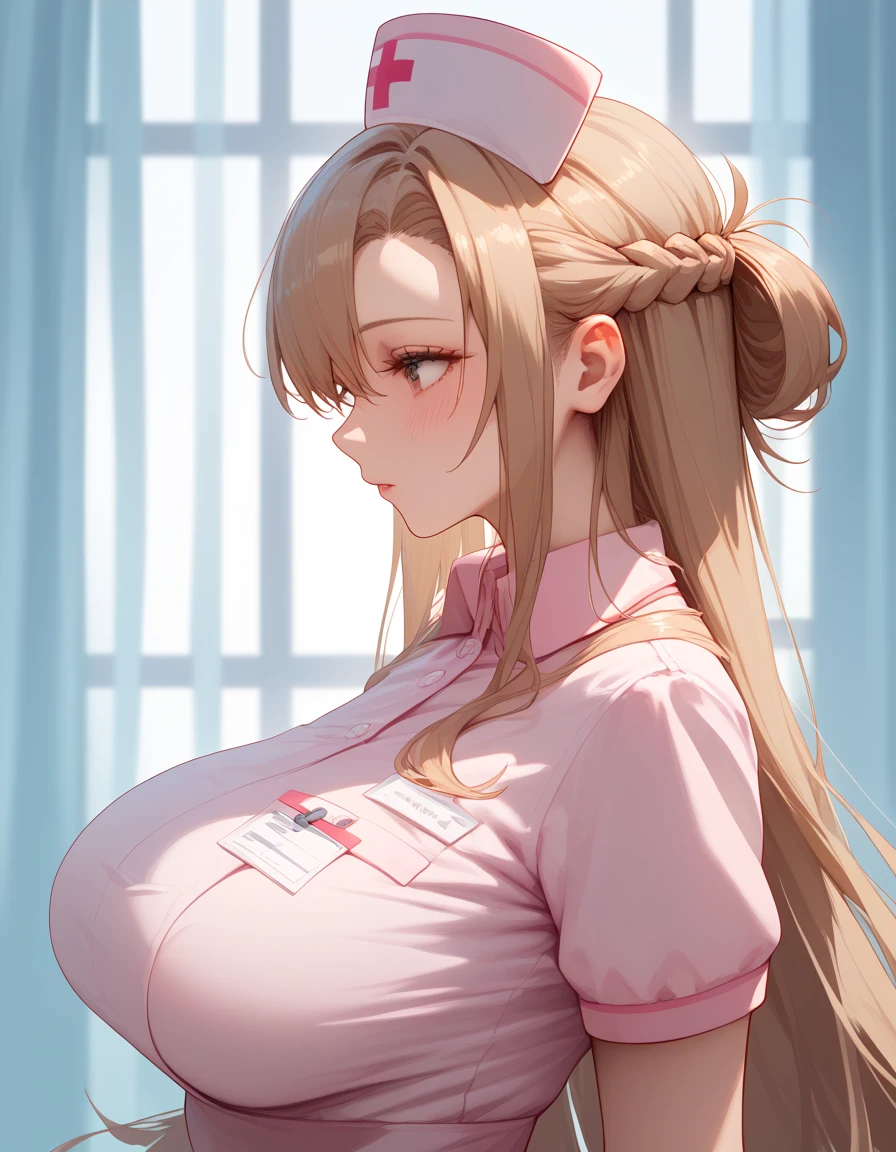 Asuna, Nurse uniform, From the side, Beautiful breast growth,  big breasts:2.0, blush,  upper body, 