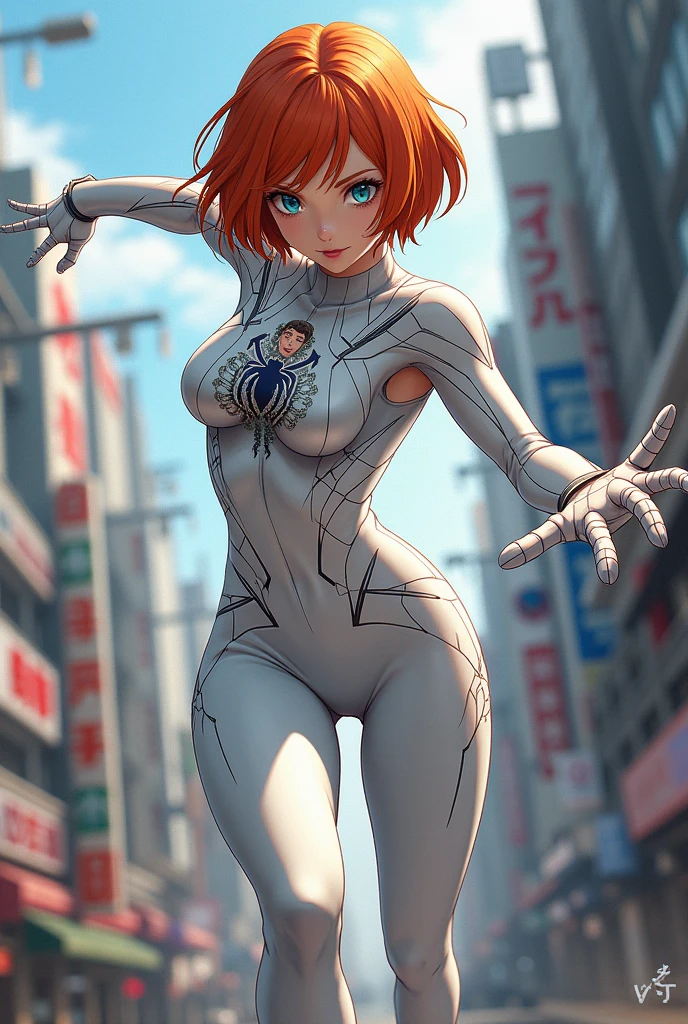 18 yo girl, white spider man suit, short blunt hair, blonde, beautiful face, rain, roof, masterpiece, intricate detail, perfect anatomy, redhead, photo realistic