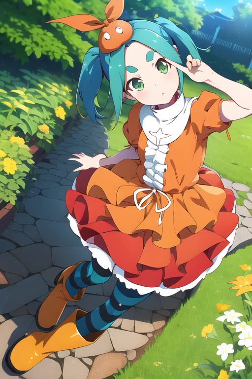 (Ononoki Yotsugi), one girl,  show viewers,stand,dance, tilt the body close to the mouth , upper body,
Striped Pantyhose ,  blue and gray pantyhose,  dress, (orange  dress),  white turtleneck collar ,  white frill,  has ,  puff sleeve , Short sleeve, 
 Aqua Hair,  shorthair, Green Eyes,  twin tails,  thick eyebrows, yellow boots garden , wood, close, ( raise your arms) ,(Finger of Peace), ( Dutch angle )
Expressionless, Mouth close,Calm, angle is above , Look Up Above, piece piece , near the mouth stand 2 fingers on both hands,