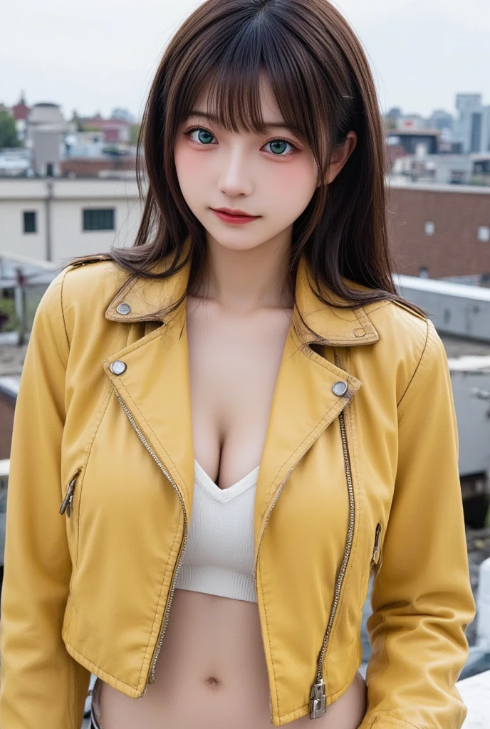 ((Old yellow leather biker jacket))、((Abandoned building rooftop))、((Horizontal droopy eyes)), ((Beautiful thighs)), ((Beautiful belly button)), (( beautiful hip line)), ((Half Up Hairstyle with Black Hair )), masterpiece,  best quality, 8k, 1 person, 20th Generation,  Open Your Mouth Slightly ,  fuzzy expression ,  close, Alone, (( Teal Eyelids))、Delicate, Pure beauty,  RAW photos ,  professional photo shoot, Portraiture,  soft light,  professional lighting,  backlight , Sophisticated,  film grains , ( eye and face details:1.0), ((Open your mouth a little))、(( sad expression))、(( worried expression ))、((Abandoned building rooftop))、 very beautiful Japanese female idol 、(Genuine,Genuineistic:1.4)、 very delicate and beautiful、 very detailed、 soft light、 beautiful detailed、 beautiful eyes、 movie lighting、細身の体、 smaller breasts、 tilting your head 、 model body type、  super detailed face,、 Charming Smile 、 cute、 white skin、 beautiful fair skin 、 Teal Eyelids、Beautiful symmetrical face、Small face、Age 25、Beautiful small breasts、Genuineの人間の皮膚、Perfect figure、Perfect anatomy、 full body photo、Detailed and realistic human body、Detailed and realistic skin、 Soaking in Hot Springs to the Waist 、 detailed and realistic eyes、Detailed and realistic lips、Detailed and realistic teeth、Detailed and realistic ears、Detailed and realistic hair、 beautiful hands、 realistic feet in every detail、Realistic breasts down to the last detail、Realistic areola down to the last detail、Realistic nipples down to the last detail、 realistic female genitals down to the details 、 detailed realistic legs 、Detailed and realistic clitoris、 Detailed Realistic Anus 、Realistic thick pubic hair down to the last detail、 a sex toy is inserted into the anus、((Exposing the female genitals)), (( Realistic female genitalia )), ((Thick pubic hair with realistic detail)), ((Thick pubic hair)), ((Realistic clitoris)), ((Realistic anus down to the last detail)), ((M-shaped feet)), (( spread your legs)), ((Excessive pubic hair)),