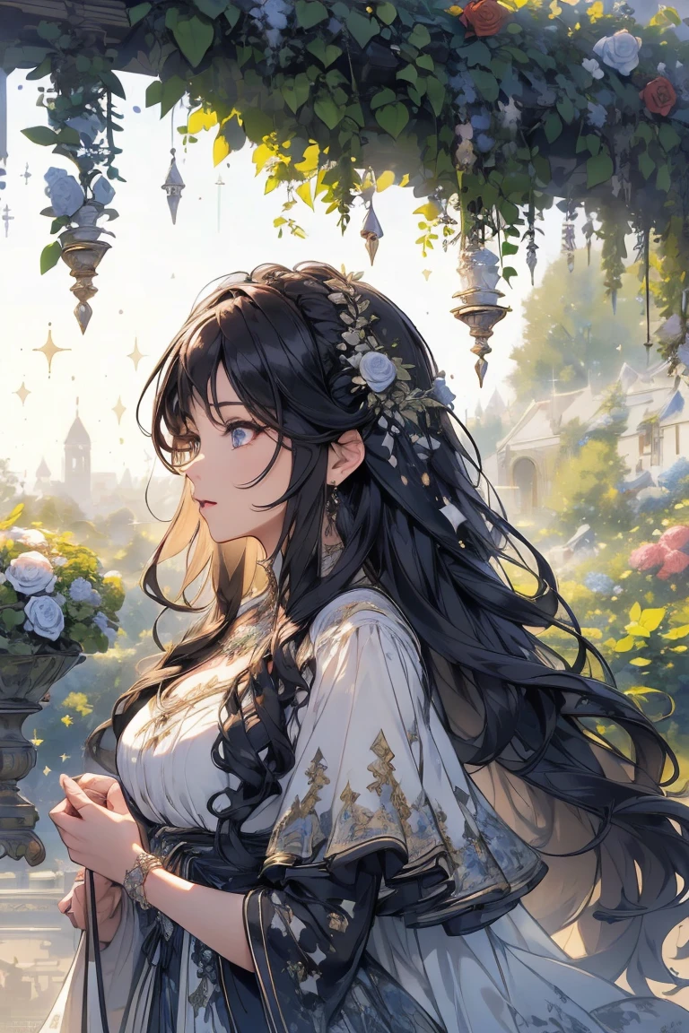 (Landscape photo, with a woman in the bottom right of photo:1.5, in  garden:1.5), Masterpiece, best quality, (very detailed CG unity 8k wallpaper), (best quality), High definition RAW color art, Animation,sculptures, (black Marble Skin), (((Ultra detailed elegant))), Magical atmosphere, Detailed skin, Texture,(Intricately detailed, Fine detail, ultra-detail art), depth of fields, Bokeh, Silky Touch, Hyper Detail, beautiful eyes, elegant face, (upper body focus), sparkle background, (long hair), pose, muscle, rose,  ドラマチックな光, profile