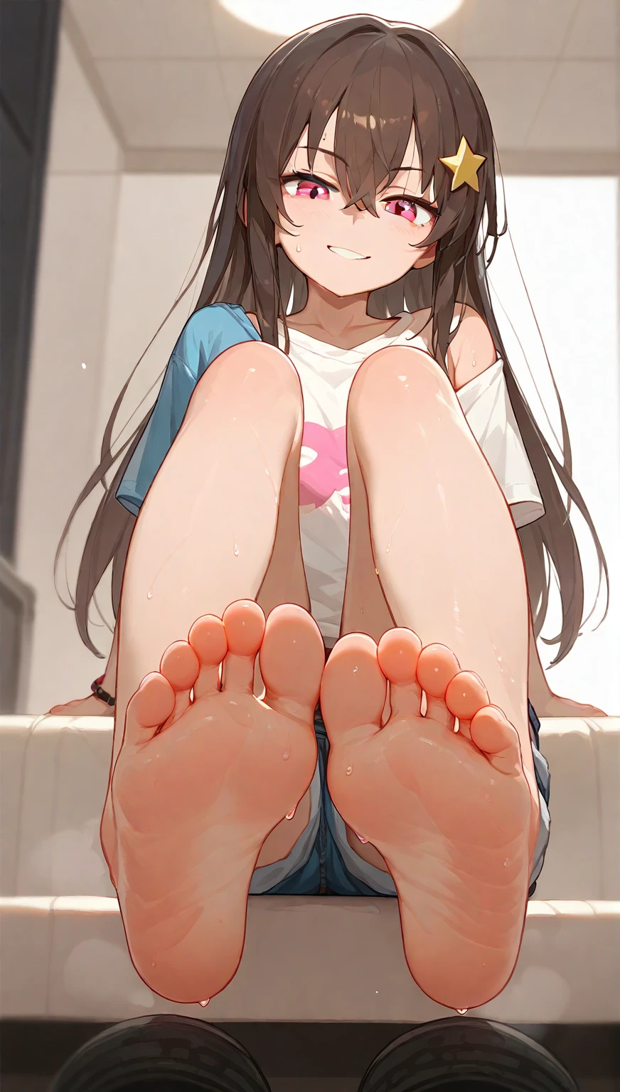 A woman showing her feet，Perfect feet，Five toes， low angle，Sweating soles of feet，Bangs between eyes，White off-the-shoulder T-shirt， pink eyes，denim shorts， long hair，  dark brown hair  ，There is a yellow five-pointed star hair ornament on the right side of the hair，Smirk，