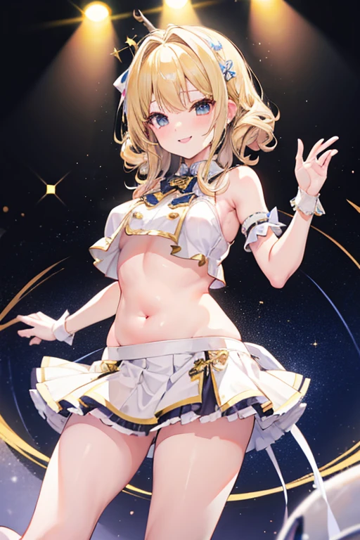 (((masterpiece))), ((highest quality)), ((Very detailed)), ((High resolution)), ((8k)), ((Anatomically correct)), The correct number of fingers, One Woman, Kagamine Rin, Vocaloid, Blonde Hair, short hair, Short, Very cute woman, delicate, Charming smile, Blue eyes, Bright Eyes, Best moment, Vivid eyes, Beautiful Skin, Cute face, delicateな腕, Detailed skin texture, Intricate details, Very detailedな顔, Beautiful Eyes, Beautiful curves, View your viewers, Cheerful expression, Music Stage, Beautiful thighs, Stage Costumes, upright, Model standing, Beautiful standing posture,