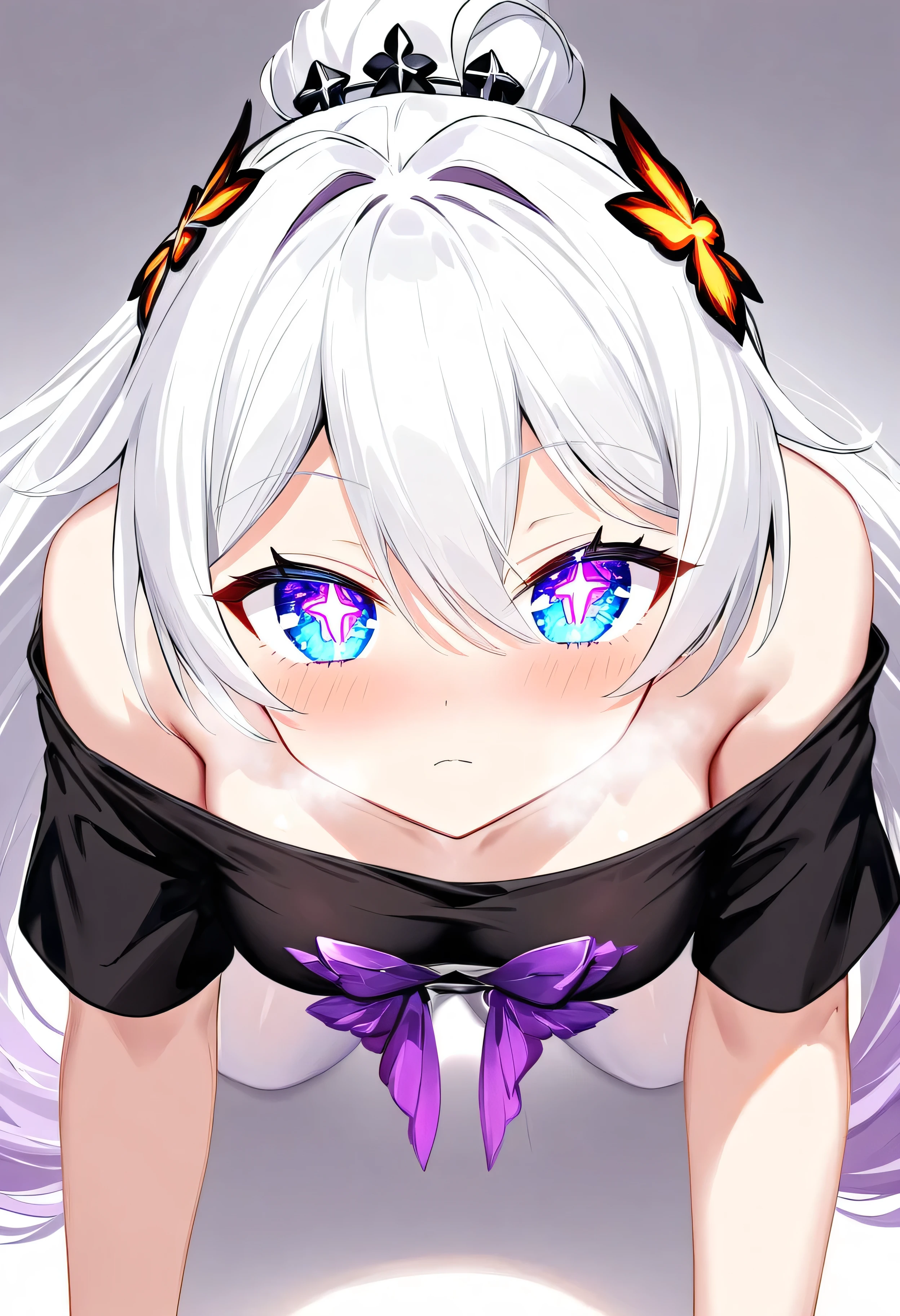 score_9, score_8_up, score_7_up, masterpiece, best quality, absurdres, vibrant, highly detailed, 1girl, adult grown woman, kiana kaslana \(honkai impact 3rd\), herrscher of finality, white hair, ahoge, ponytail, very long hair, blue eyes, symbol-shaped pupils, blush, closed mouth, heavy breathing, black shirt, oversized shirt, shirt, off shoulder, pantyhose, (on all fours:1.2), from above, looking at viewer