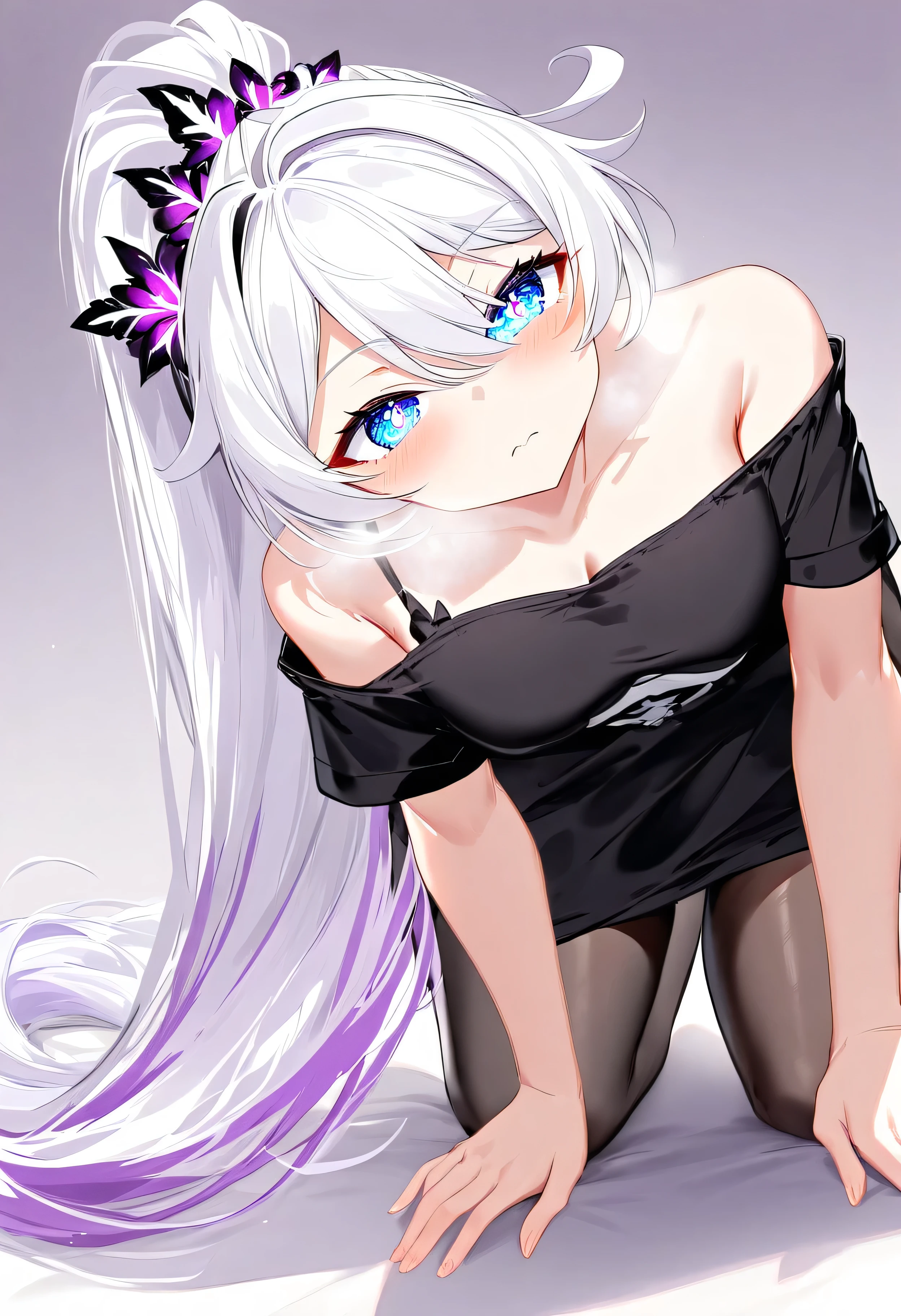 score_9, score_8_up, score_7_up, masterpiece, best quality, absurdres, vibrant, highly detailed, 1girl, adult grown woman, kiana kaslana \(honkai impact 3rd\), herrscher of finality, white hair, ahoge, ponytail, very long hair, blue eyes, symbol-shaped pupils, blush, closed mouth, heavy breathing, black shirt, oversized shirt, shirt, off shoulder, pantyhose, (on all fours:1.2), from above, looking at viewer