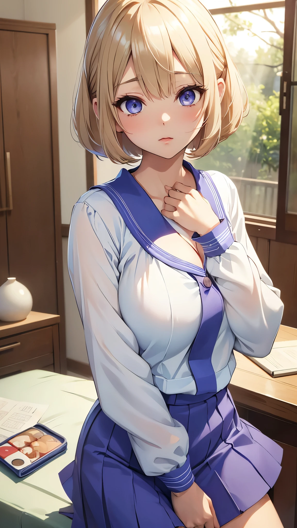 Umino Sachi 、  Masterpiece ,   best quality、  best quality,(8k resolution),Beauty、 （   Sexy Perfect Style  ）、(  Big Breasts )、 blonde bob cut、(White and blue sailor suit)、(  blue skirt)、(( Get closer to my chest ))、  purple eyes