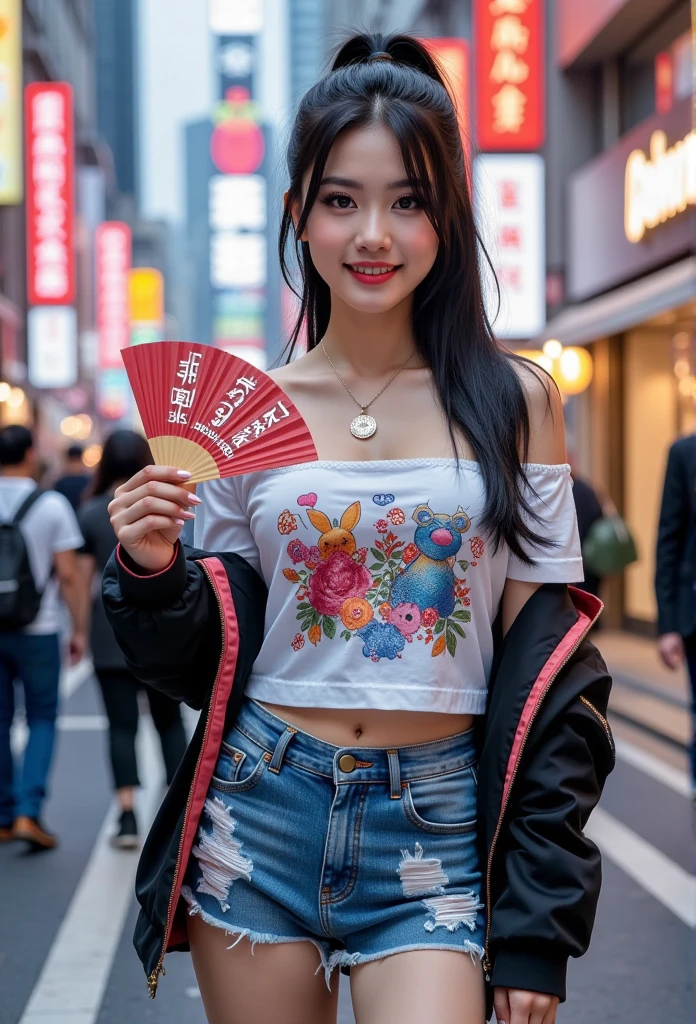 sukajan, professional photography, portrait of a Asian woman wearing sukajan and mini skirt blue jeans torn, ((natural chest are very big:0.9)), jacket, ponytail hair, gently smiling, beautiful makeup, she holding a fan with text "Happy 2.5K members", neon city in background, bokeh, depth of field 