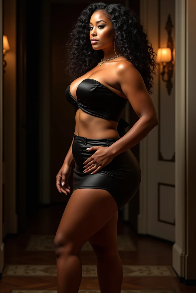 girl, Photographie fine, dark skinned, curly hair, afro, jupe, hanches larges sexy, Beau corps, Éclaireuse, ((Dark skin, very deep)), ((It's beauty is undeniable)), ((cute and excited face)) , ((Hyper-detailed perfect eyes,)), ((Language sortie)), ((attractive )) , sexy, ((Long Afro-African curls,)), ((Revealing belly)), ((debout, Vue de face )), ((Toucher ses propres jambes dans une pose sexy)), ((Outdoor, in a nightclub)), CGI chible, Photorealistic, High detail, Realistic, Main part, Absurd, Best quality, Hdr, high quality, high definition, highly detailed, 8k wallpaper, intricate high detail, 8K UHD, Full-HD, (photo realist: 1.2), contrast, bright lighting, cinematic lighting, natural lighting, bright light, counterday, global illumination, ambient occlusion