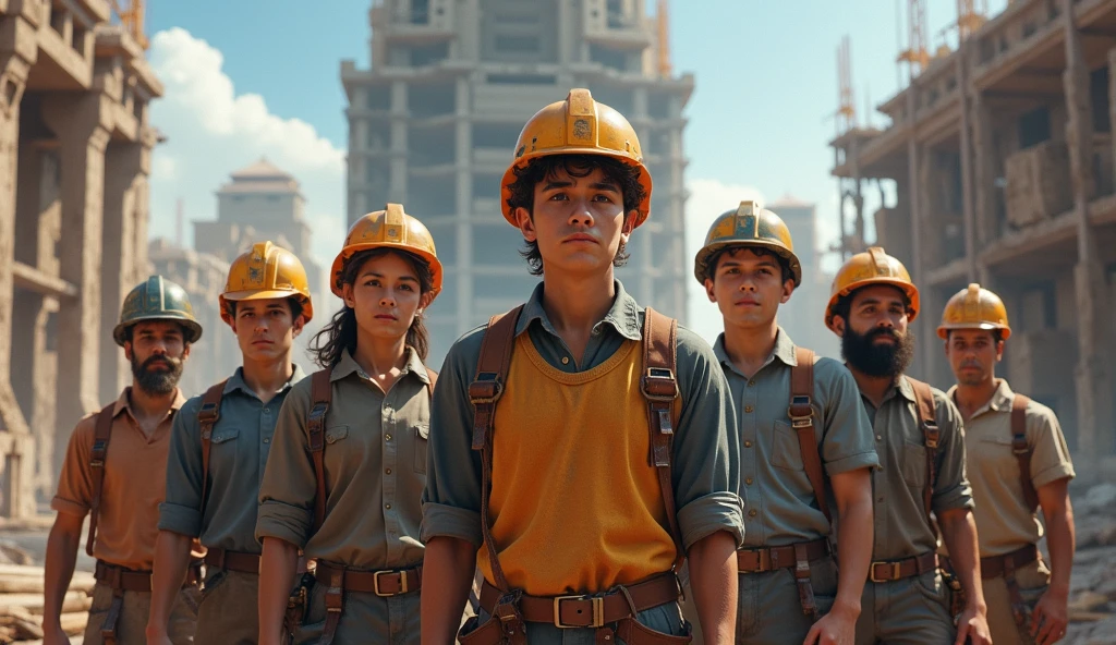 a landscape of three indian teen children , carrying cement on their heads in a metal container , in a big construction site, sweating, covered in cement mud, children wearing dress like labor , ultra realistic , canon 8d, ((blue-orange theme filter)), depicting a sad themed landscape, full picture, construction site background, detailed landscape, child labor