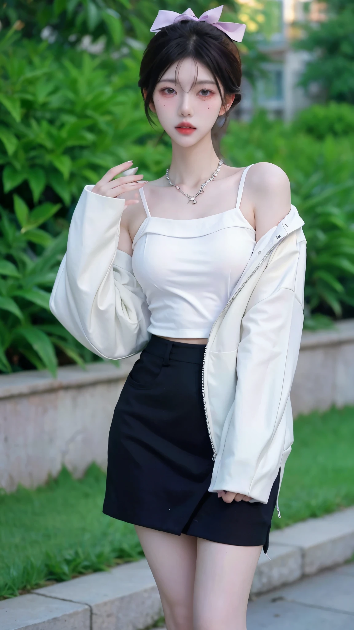 "Create an image of a beautiful woman dressed in a stylish fashion outfit, wearing a wristwatch. The outfit should be modern and elegant, with attention to detail in both the clothing and accessories. The wristwatch should be prominently visible, adding a touch of sophistication to her overall look."