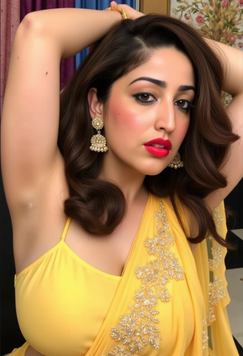 a beautiful fair skin tone young lady wearing a chiffon sleeveless yellow Lehenga and Dupatta with pattern royal jewellery hand jewellery , Hand's above the head streched up showing dark hairy armpits,black yellow glitter eyeshadow,red lipstick,red for head bindi,show boldness,setting and posing for a picture floral background.