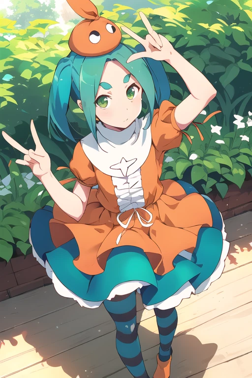 (Ononoki Yotsugi), one girl,  show viewers,stand,dance, tilt the body close to the mouth , upper body,
Striped Pantyhose ,  blue and gray pantyhose,  dress, (orange  dress),  white turtleneck collar ,  white frill,  has ,  puff sleeve , Short sleeve, 
 Aqua Hair,  shorthair, Green Eyes,  twin tails,  thick eyebrows, yellow boots garden , wood, close, ( raise your arms) ,(Finger of Peace), ( Dutch angle )
Expressionless, Mouth close,Calm, angle is above , Look Up Above, piece piece , near the mouth stand 2 fingers on both hands,