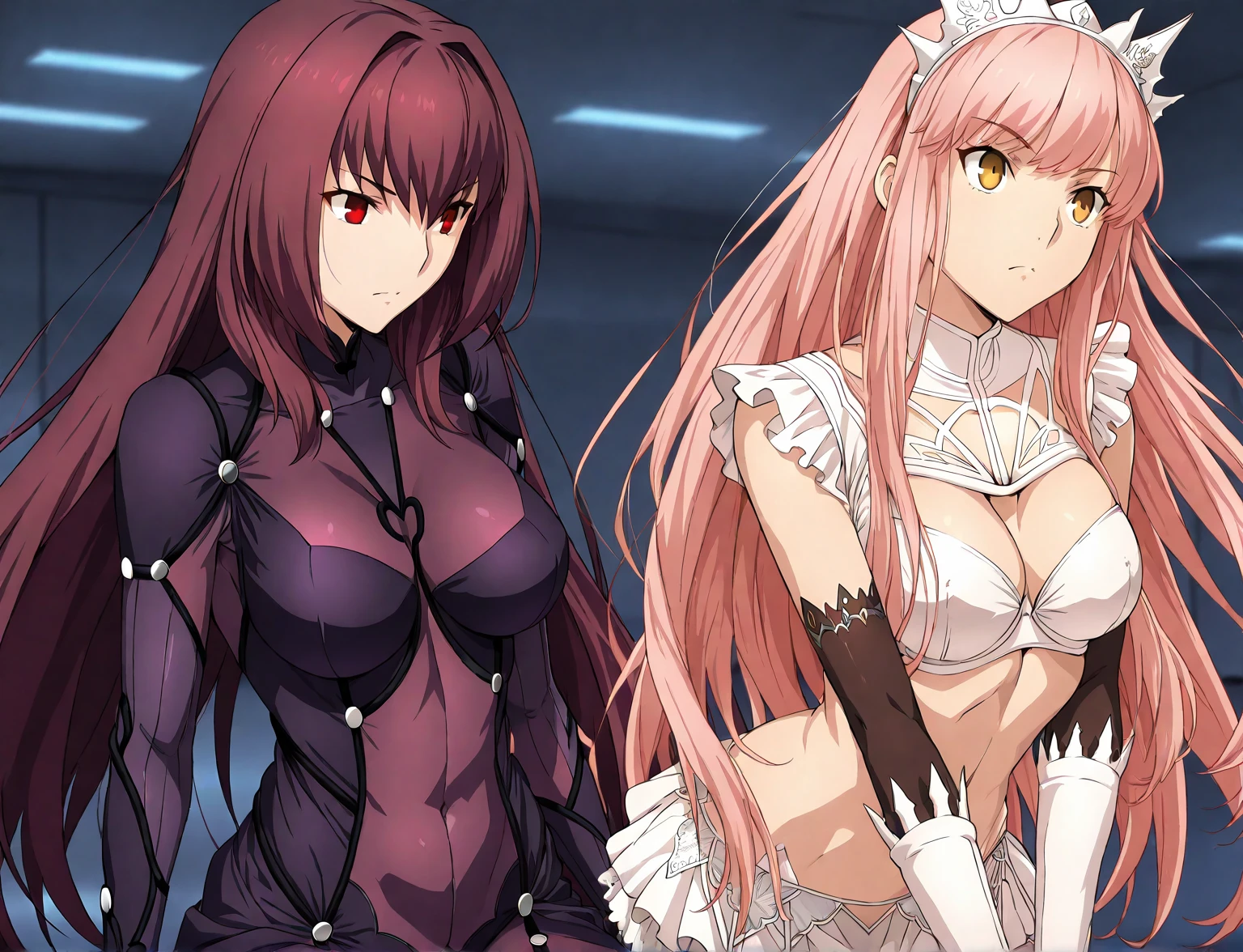 high resolution, masterpiece, necessary, detail, best quality, quality, necessary, details, High details, Precise, 
 
2girls, agirl_and_bgirl, ufotable style, ufotable anime, 

agirl,Scathach, scathach Fate Grand Order, fate,  Fate Grand Order, long hair, red eyes, tight suit

Bgirl, medb, medb fate grand order, long hair, white miniskirt, Pink hair, yellow eyes