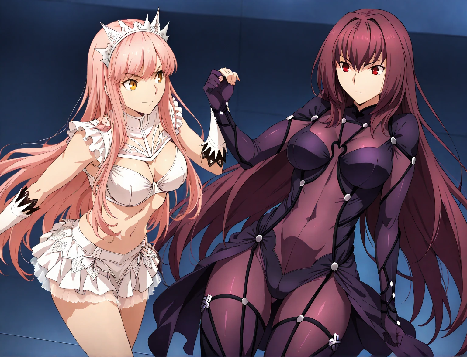 high resolution, masterpiece, necessary, detail, best quality, quality, necessary, details, High details, Precise, 
 
2girls, agirl_and_bgirl, ufotable style, ufotable anime, 

agirl,Scathach, scathach Fate Grand Order, fate,  Fate Grand Order, long hair, red eyes, tight suit

Bgirl, medb, medb fate grand order, long hair, white miniskirt, Pink hair, yellow eyes