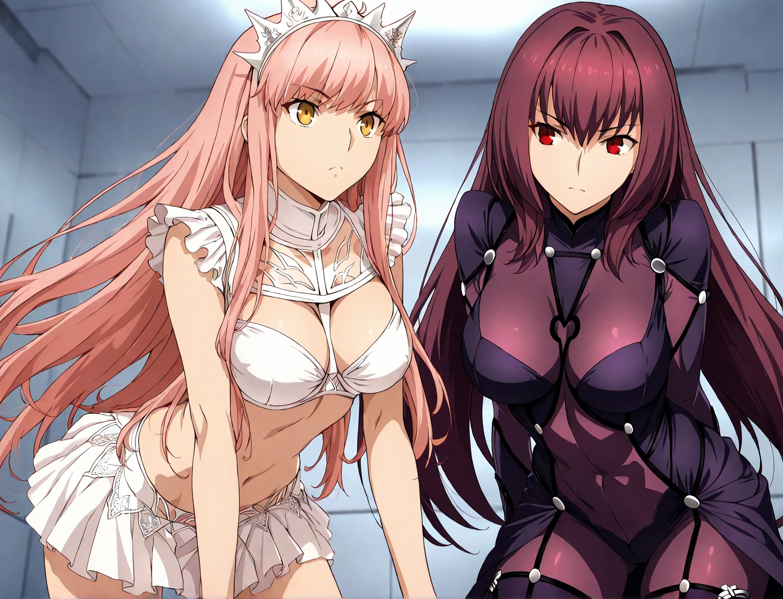 high resolution, masterpiece, necessary, detail, best quality, quality, necessary, details, High details, Precise, 
 
2girls, agirl_and_bgirl, ufotable style, ufotable anime, 

agirl,Scathach, scathach Fate Grand Order, fate,  Fate Grand Order, long hair, red eyes, tight suit

Bgirl, medb, medb fate grand order, long hair, white miniskirt, Pink hair, yellow eyes