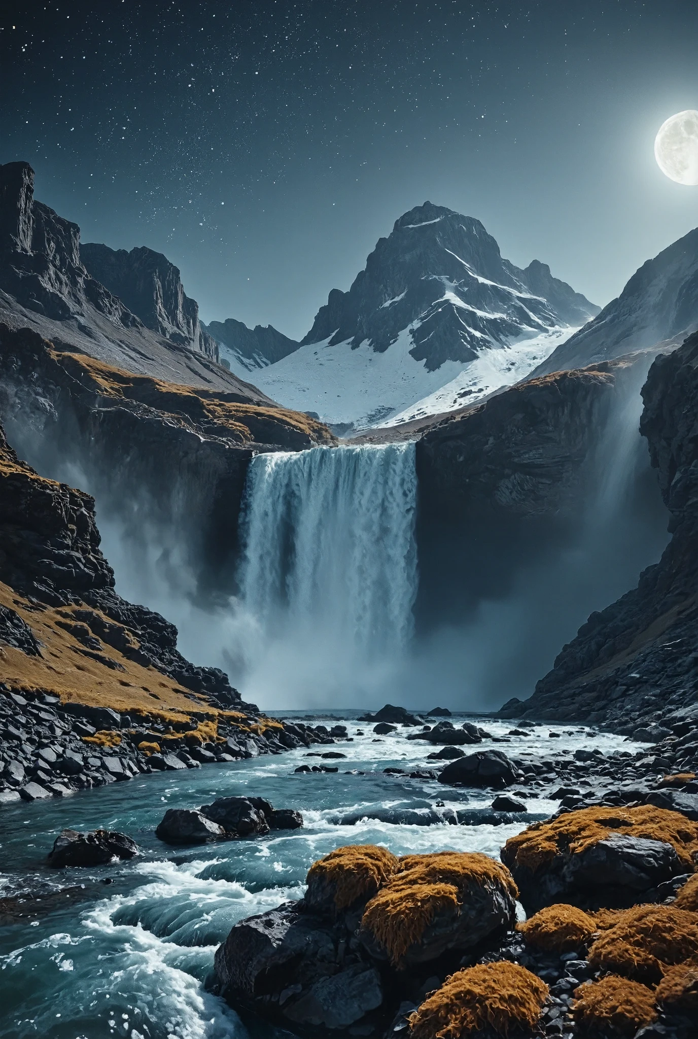 a beautiful waterfall at night, starry night sky, breathtaking mountain landscape, (best quality,4k,8k,highres,masterpiece:1.2),ultra-detailed,(realistic,photorealistic,photo-realistic:1.37),stunning night scenery, dramatic lighting, serene atmosphere, atmospheric lighting, cinematic composition, dramatic shadows, vibrant colors, moody tones, natural beauty, mystical, epic, majestic, landscape photography, digital painting