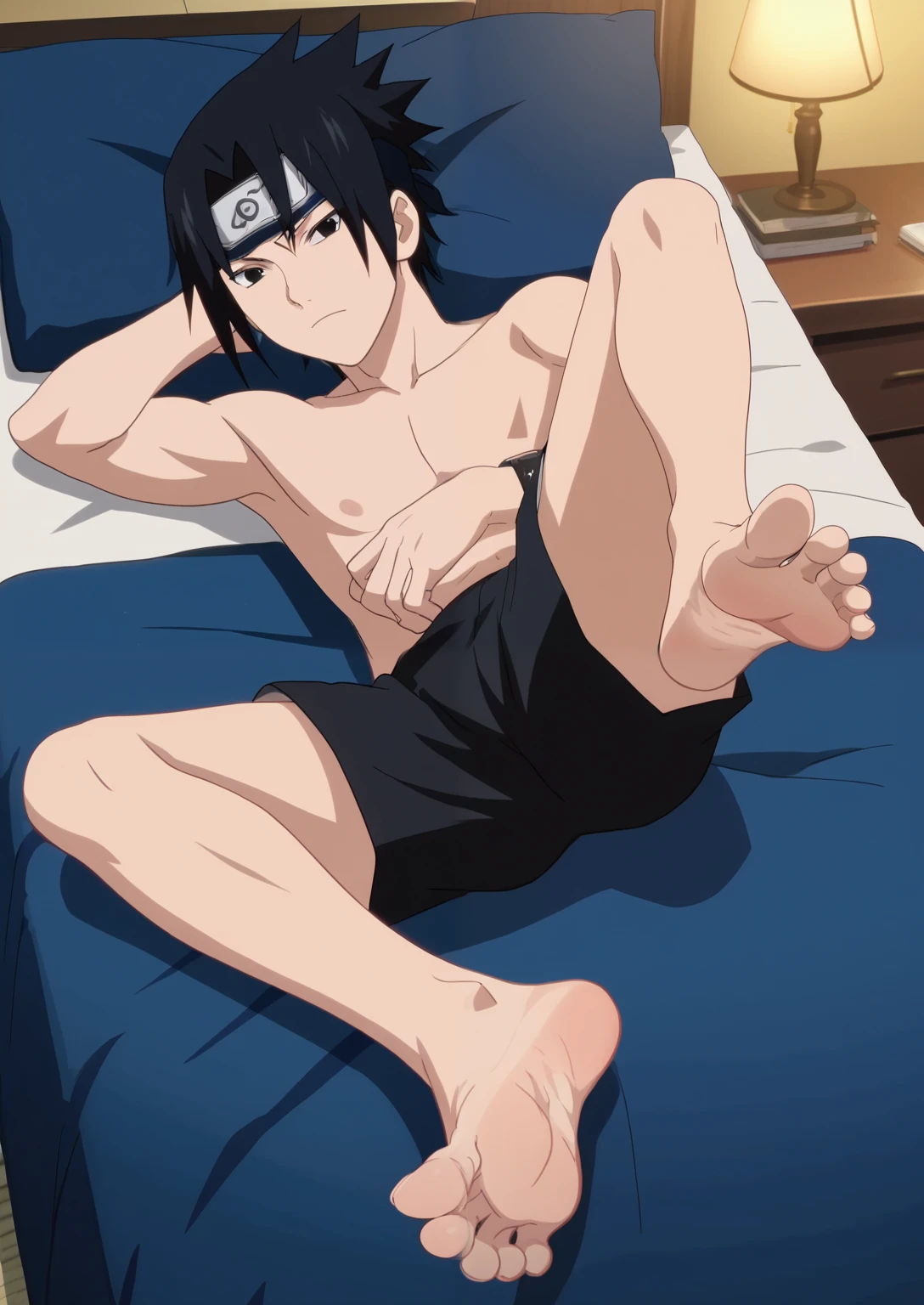 score_9, score_8_up, source_anime,
1boy, Sasuke Uchiha, black hair, short spiky hair, dark eyes, shirtless, black shorts, alone, looking at viewer, in his bedroom, night, lying on the bed, lifting legs to show his soles, cowboy shot, ANIME SCREENCAP, anime coloring, barefoot, perfect feet, anatomically correct, soles, high angle, focal length 35mm, each foot has five toes, front, symmetrical soles, foot focus