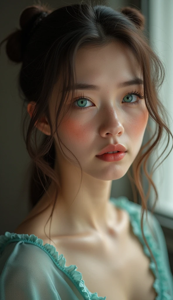  blurry background、anatomy、 russian ２０ talented woman 、 small face 、 Detailed Beautiful Eyes 、  Plump Lips 、 Detailed Eyes and Faces 、Turquoise Eyes、 has long eyelashes、 1 girl、 White porcelain-like skin 、Soft and delicate skin、The buns are short、Medium-length hair、 brown hair、Careful depiction of hair 、Fatigue、 Graceful Posture、 natural light、 Amazing Atmosphere 、silence、 Rosy Cheeks、Born、  best quality 、 high definition 、  Masterpiece :1.3、８ｋ