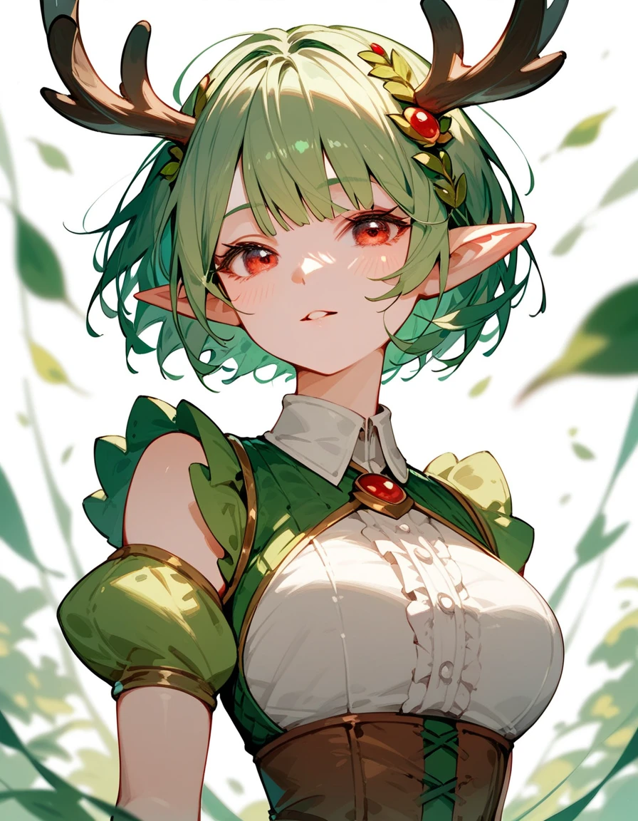 Elf Girl ,Green hair, in red eyes ,Short hair,thin, With Pointed Deer Antler ,Sleeveless waistcoat, Long Puffy Sleeve , in a good mood 